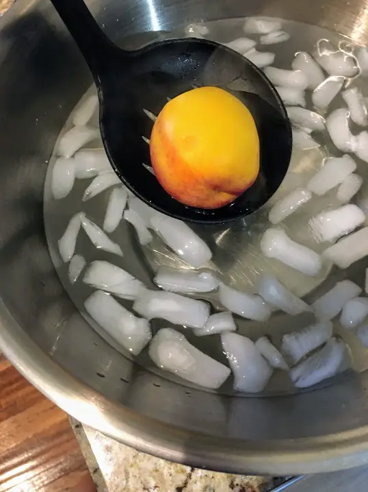 submerge peach into ice bath.