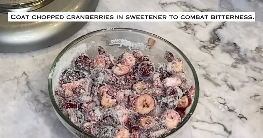 picture of chopped cranberries coated with splenda sweetener in a bowl