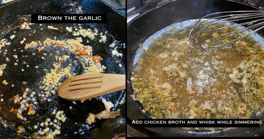 picture of garlic in a frying pan and then chicken broth added to garlic