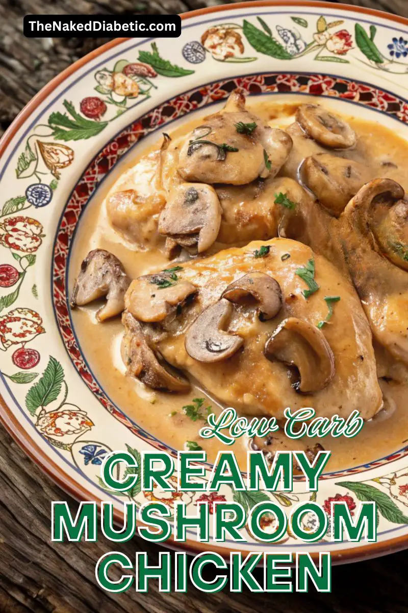 a prett bowl filled with low carb creamy mushroom chicken